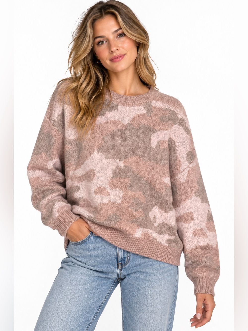 Lucky Brand Wool Blend Women’s Crewneck Pink Camo Sweater Size Large